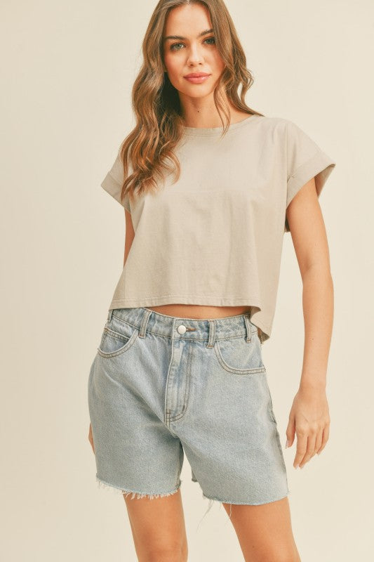 Never Basic Cuffed Sleeve Top Stone