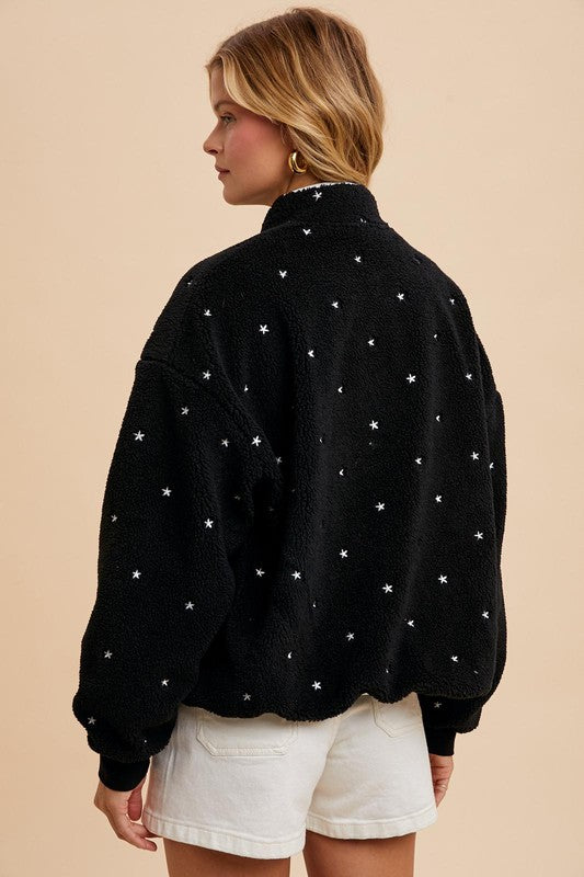 The Sadie Star Embroidered Fleece Jacket Black