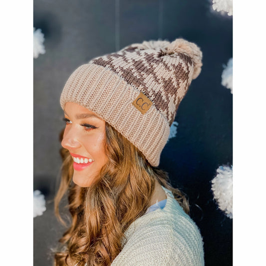 C.C. Houndstooth Pom Beanie Taupe/Brown
