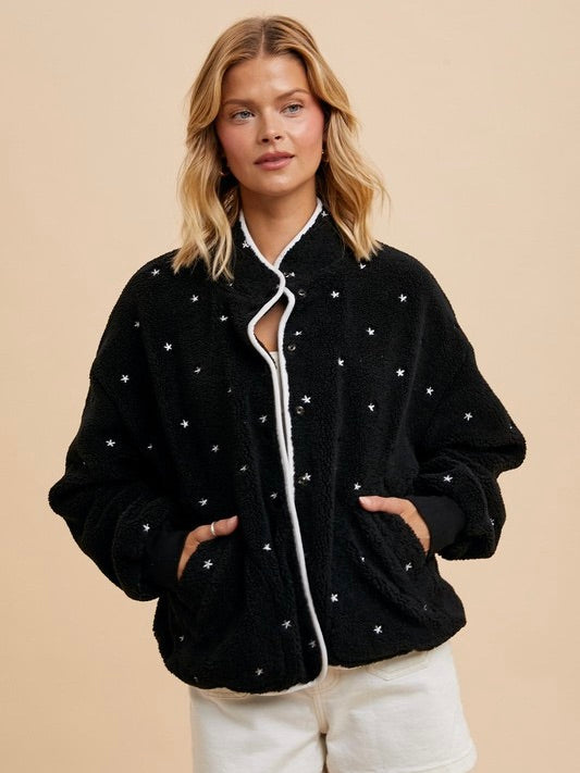 The Sadie Star Embroidered Fleece Jacket Black