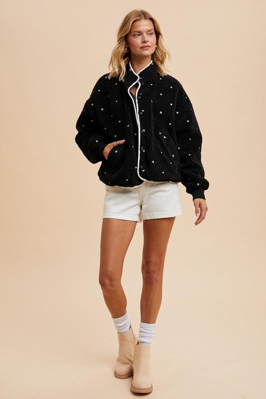 The Sadie Star Embroidered Fleece Jacket Black