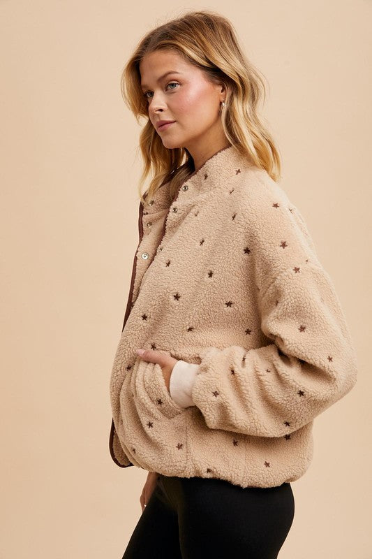 The Sadie Star Embroidered Fleece Jacket Tan