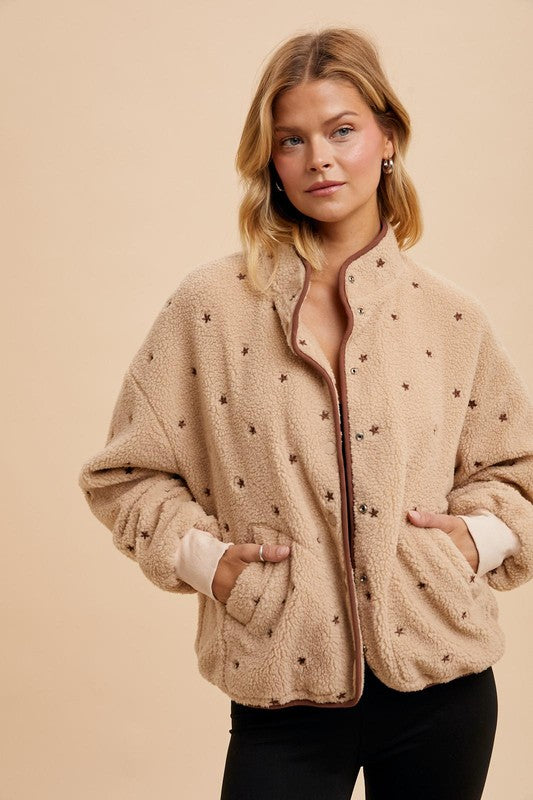 The Sadie Star Embroidered Fleece Jacket Tan