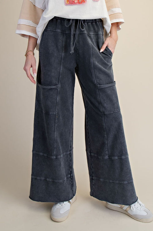 Effortless Mineral Washed Wide Leg Terry Pants Black