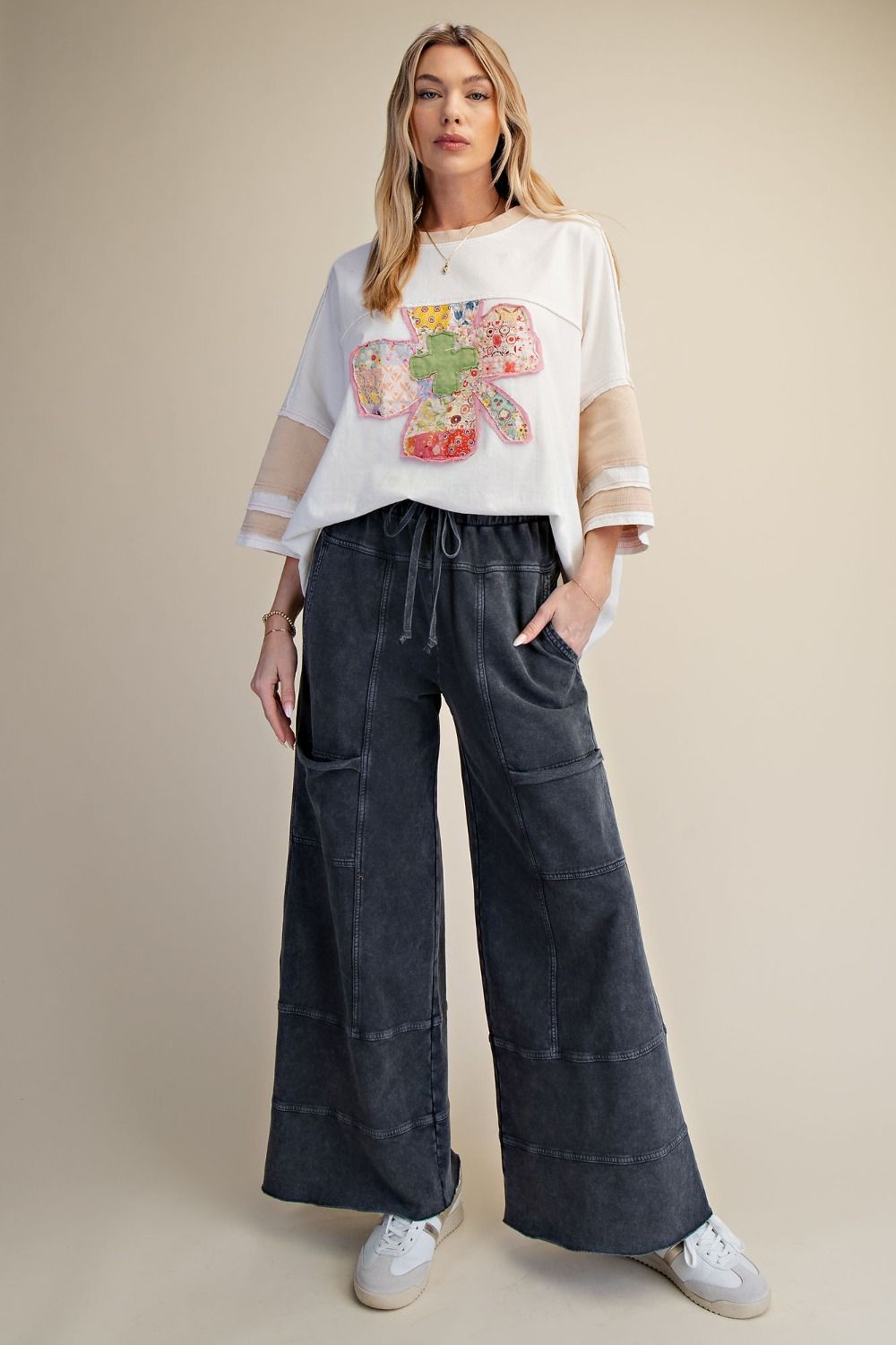 Effortless Mineral Washed Wide Leg Terry Pants Black