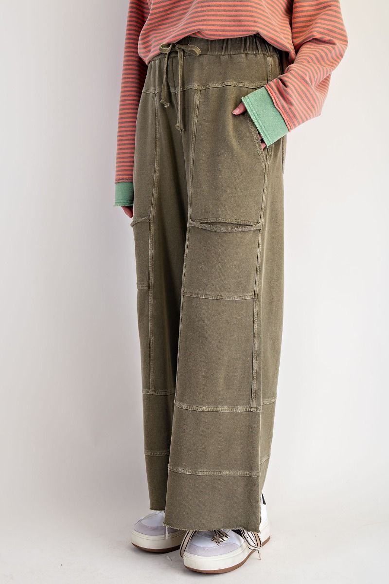 Effortless Mineral Washed Wide Leg Terry Pants Olive