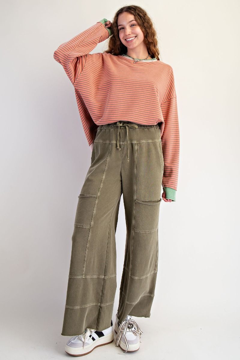 Effortless Mineral Washed Wide Leg Terry Pants Olive