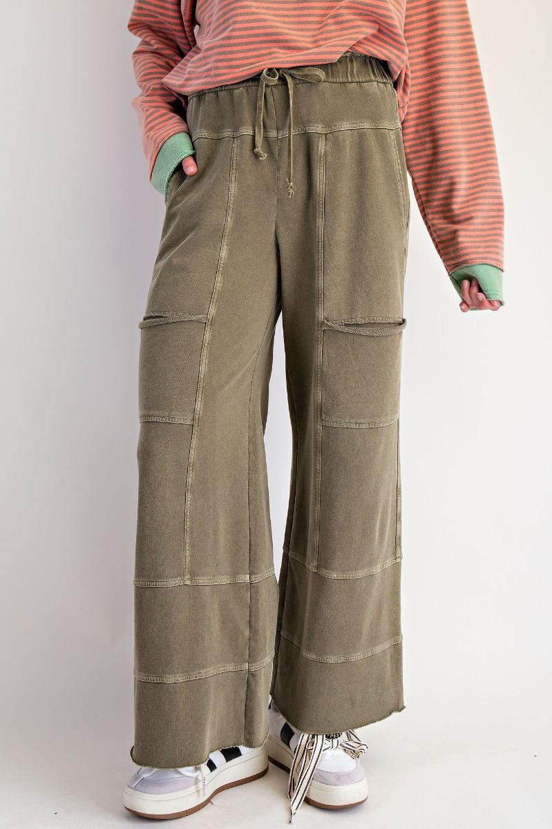 Effortless Mineral Washed Wide Leg Terry Pants Olive