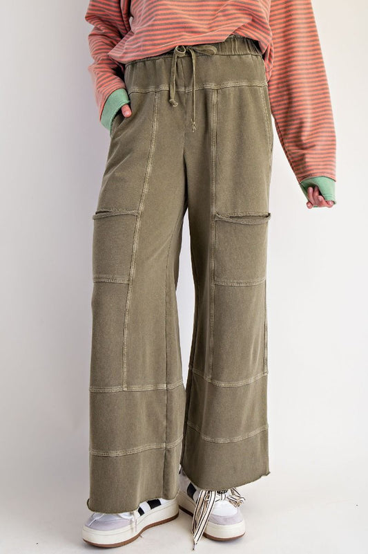 Effortless Mineral Washed Wide Leg Terry Pants Olive