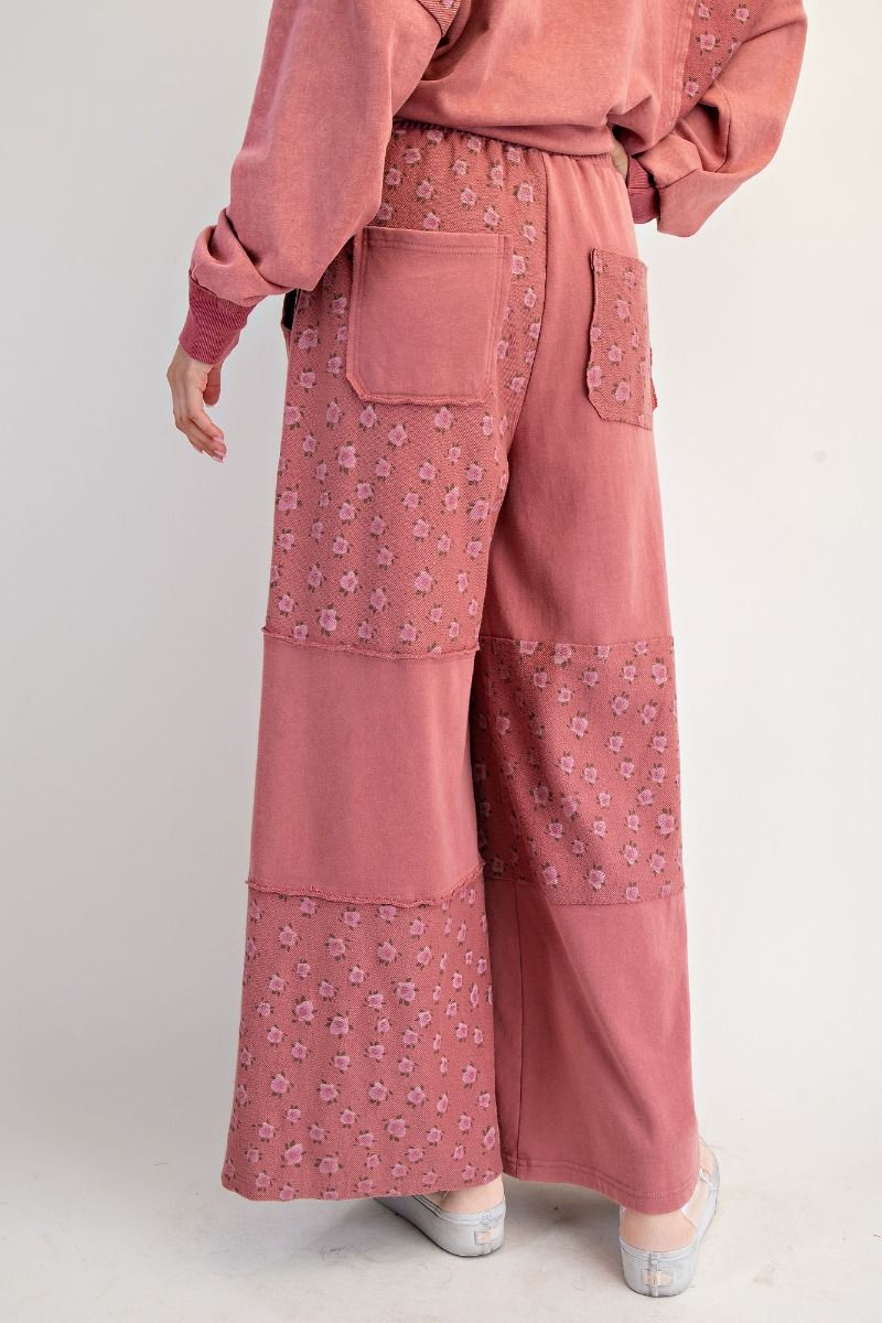 She's Chic Floral Patchwork Washed Terry Pants Dried Rose