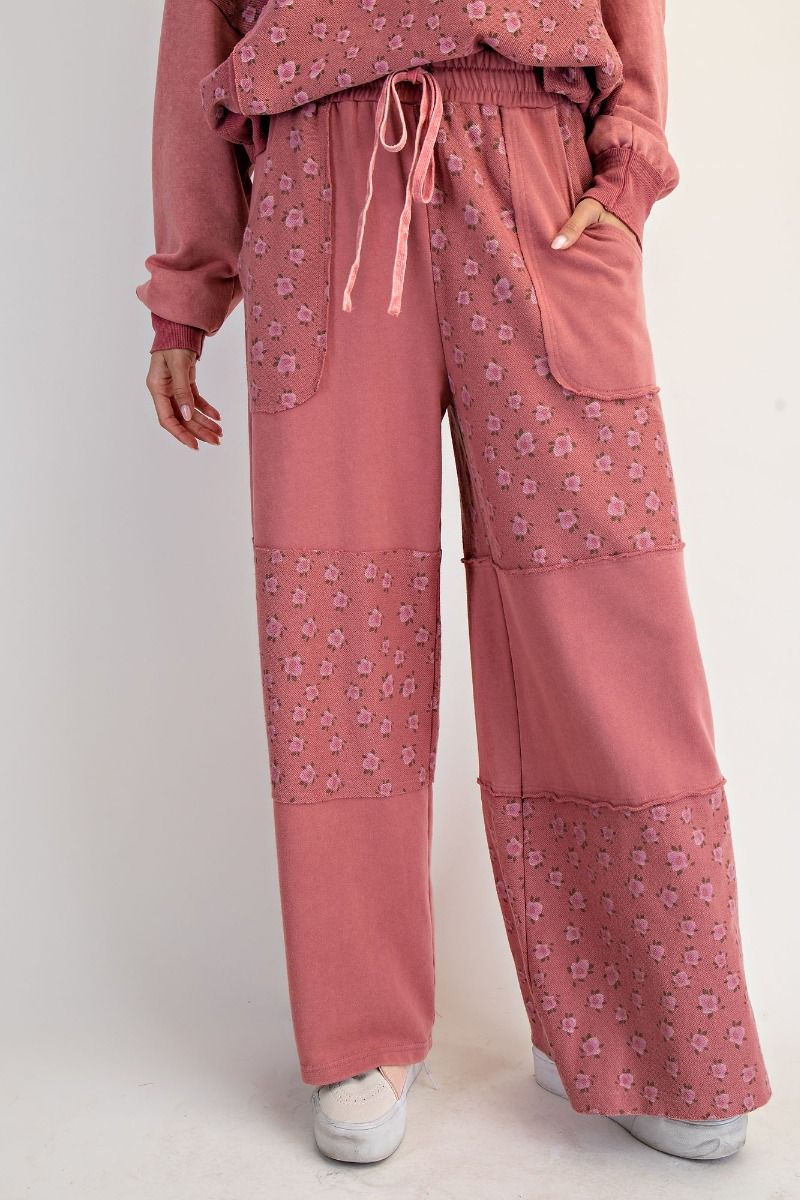 She's Chic Floral Patchwork Washed Terry Pants Dried Rose
