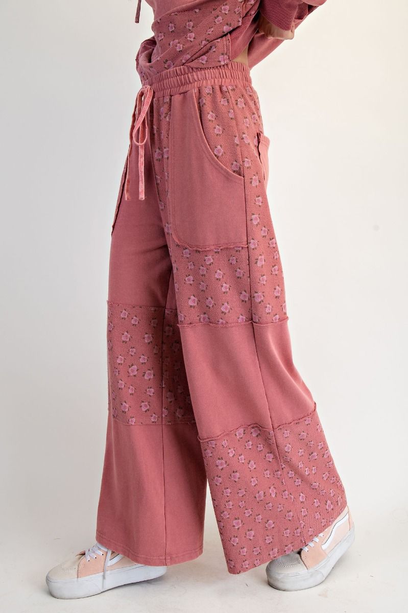 She's Chic Floral Patchwork Washed Terry Pants Dried Rose