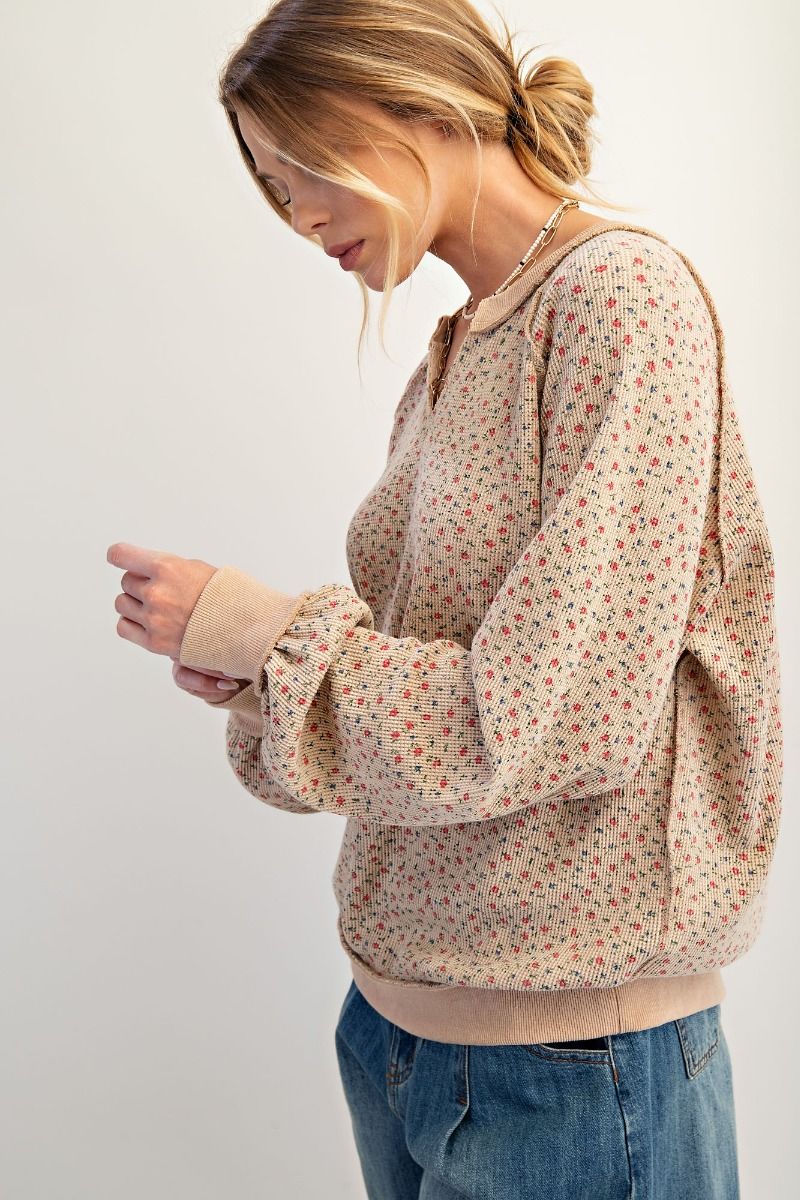 Back Roads Floral Print Waffle Knit Pullover Tan