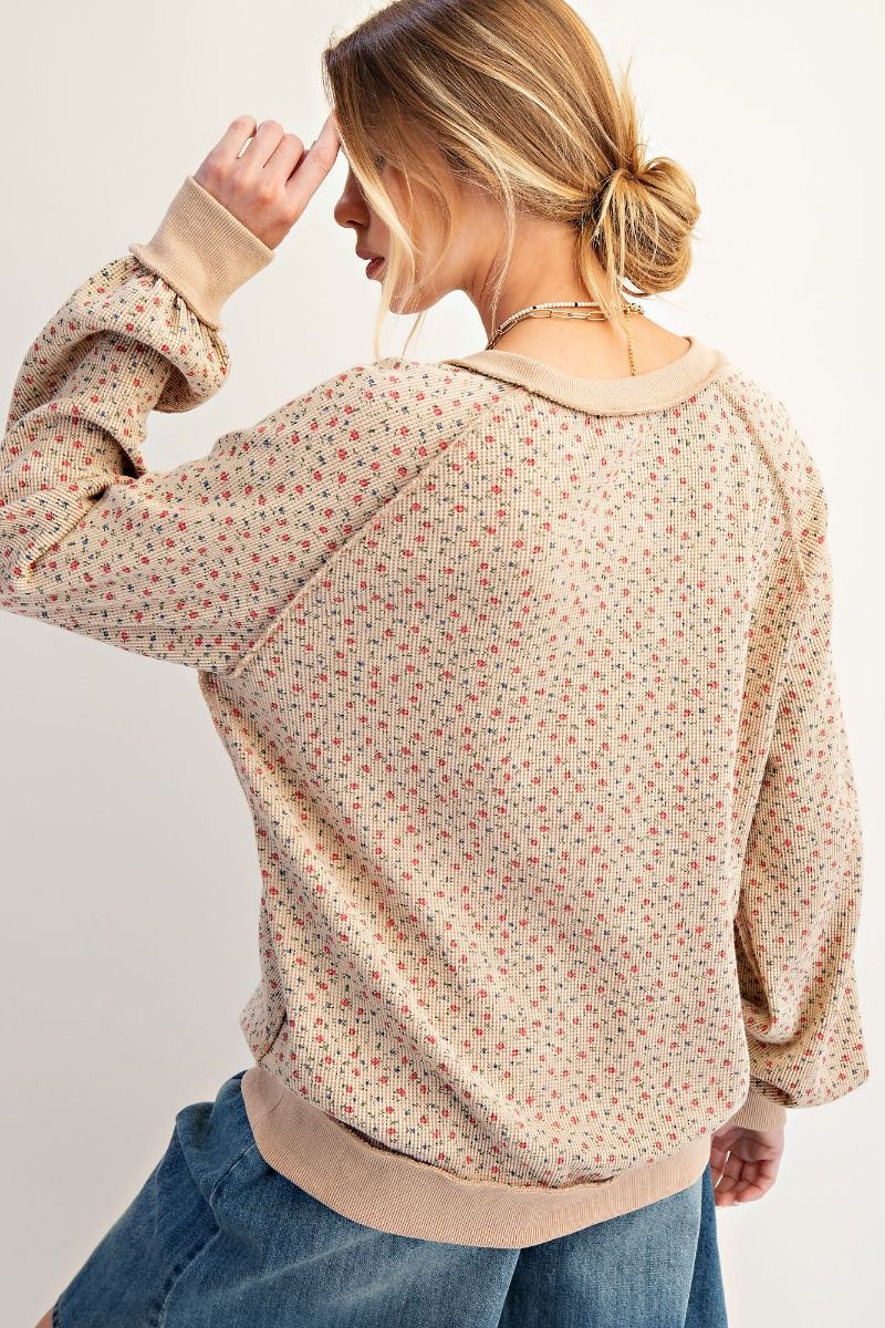Back Roads Floral Print Waffle Knit Pullover Tan