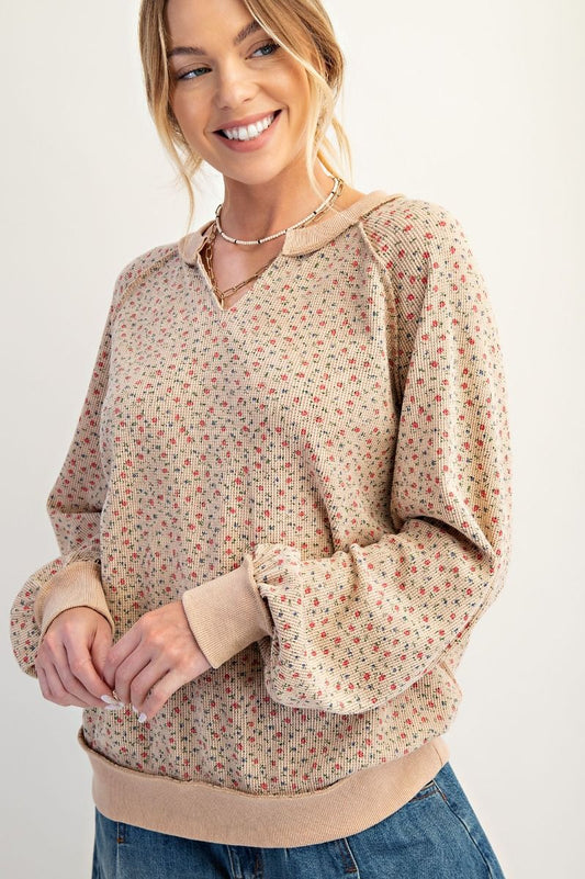 Back Roads Floral Print Waffle Knit Pullover Tan