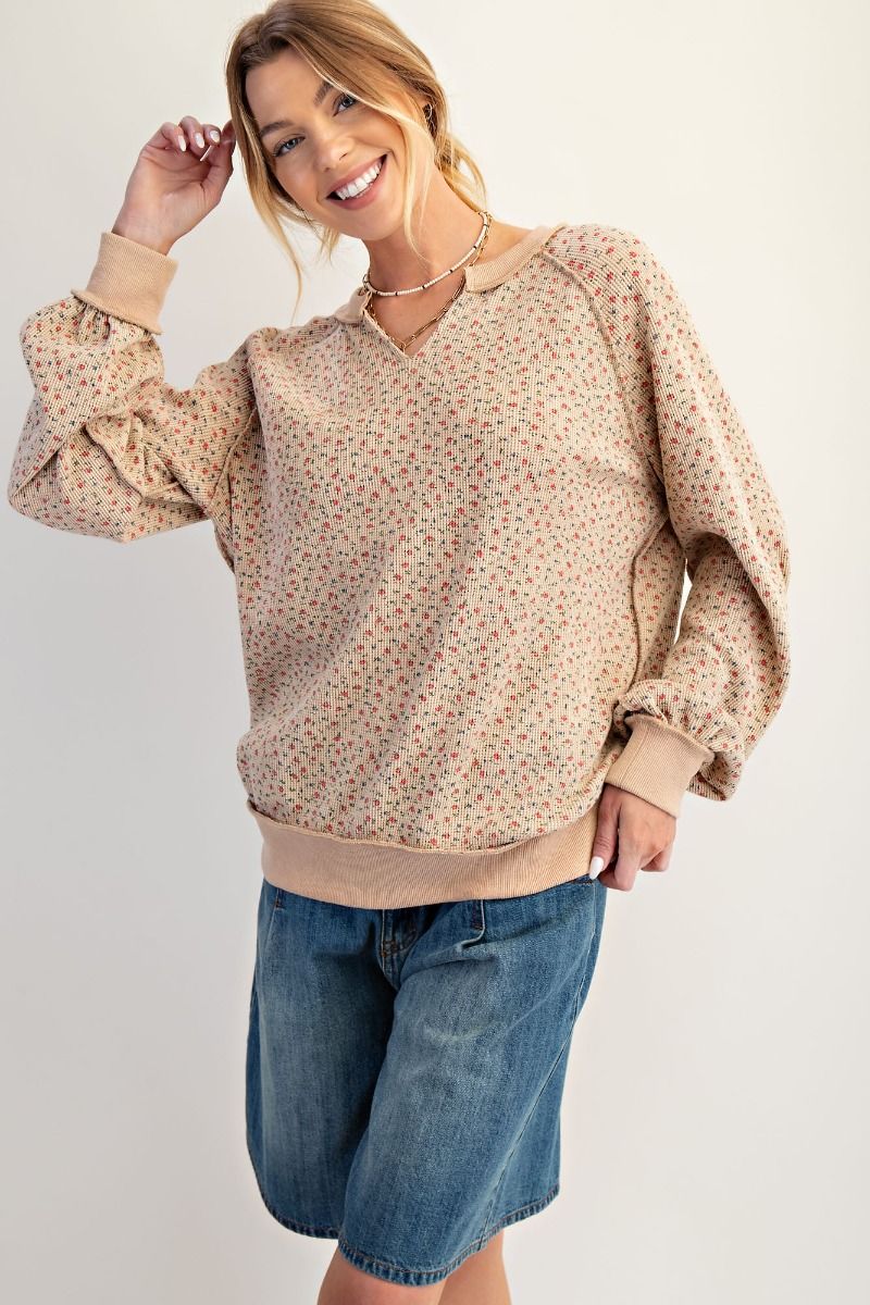 Back Roads Floral Print Waffle Knit Pullover Tan