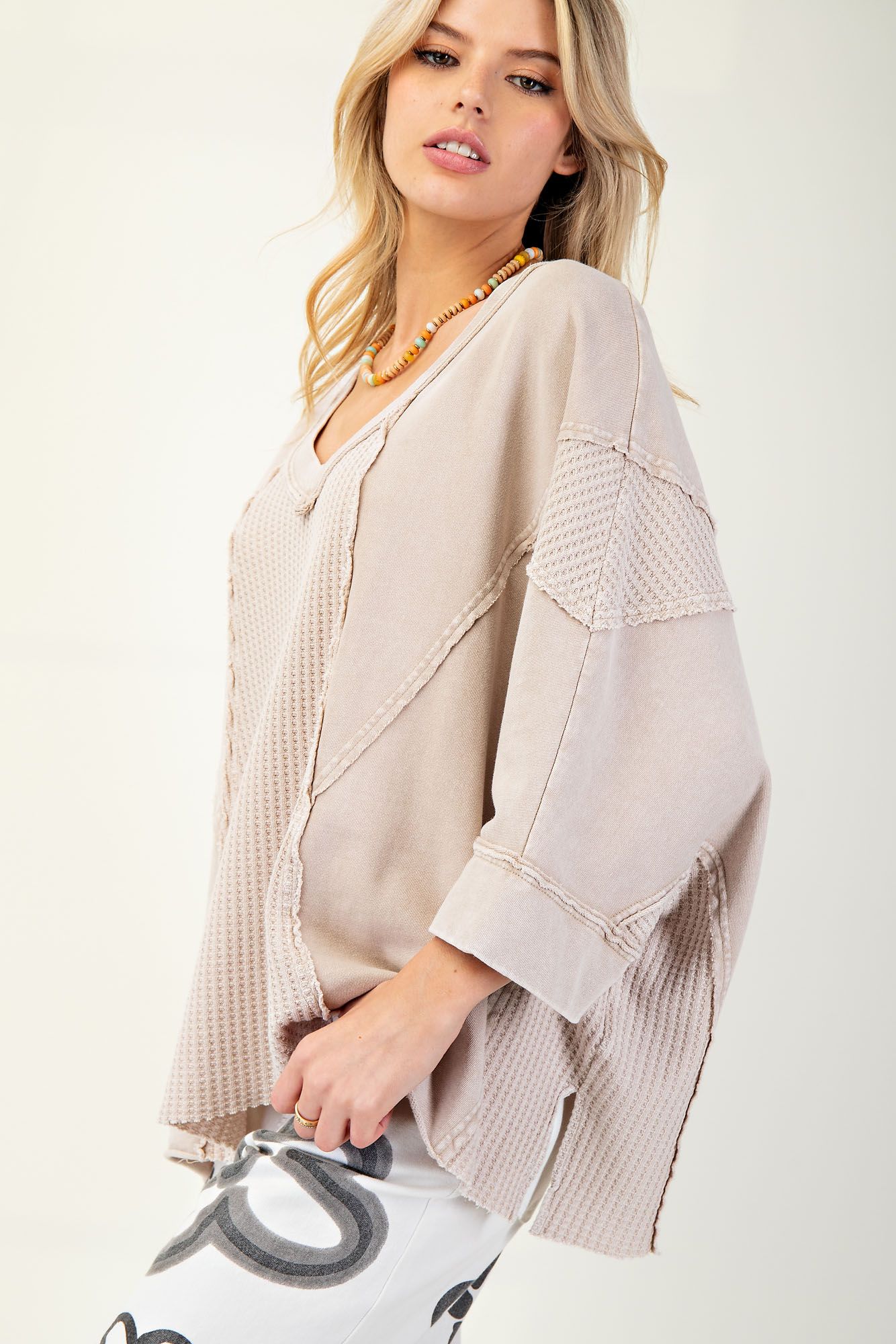 Like Yesterday Half Sleeve Thermal Mixed Knit Top Khaki Extended
