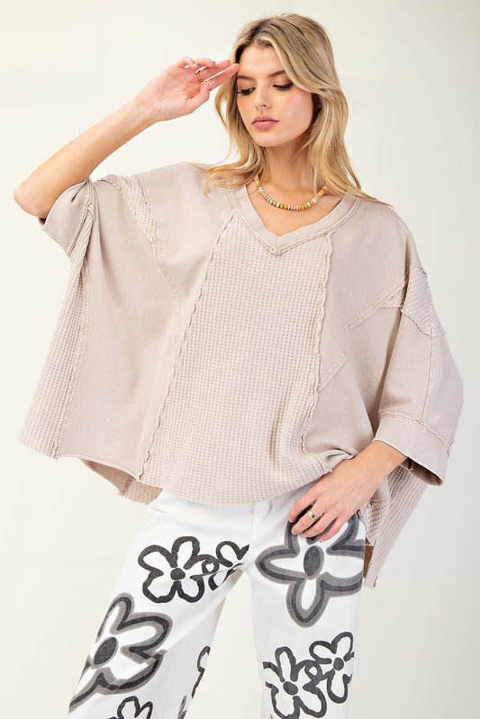 Like Yesterday Half Sleeve Thermal Mixed Knit Top Khaki Extended