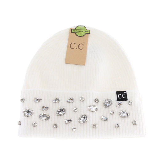 C.C. Rhinestone Charm Cuff Beanie White