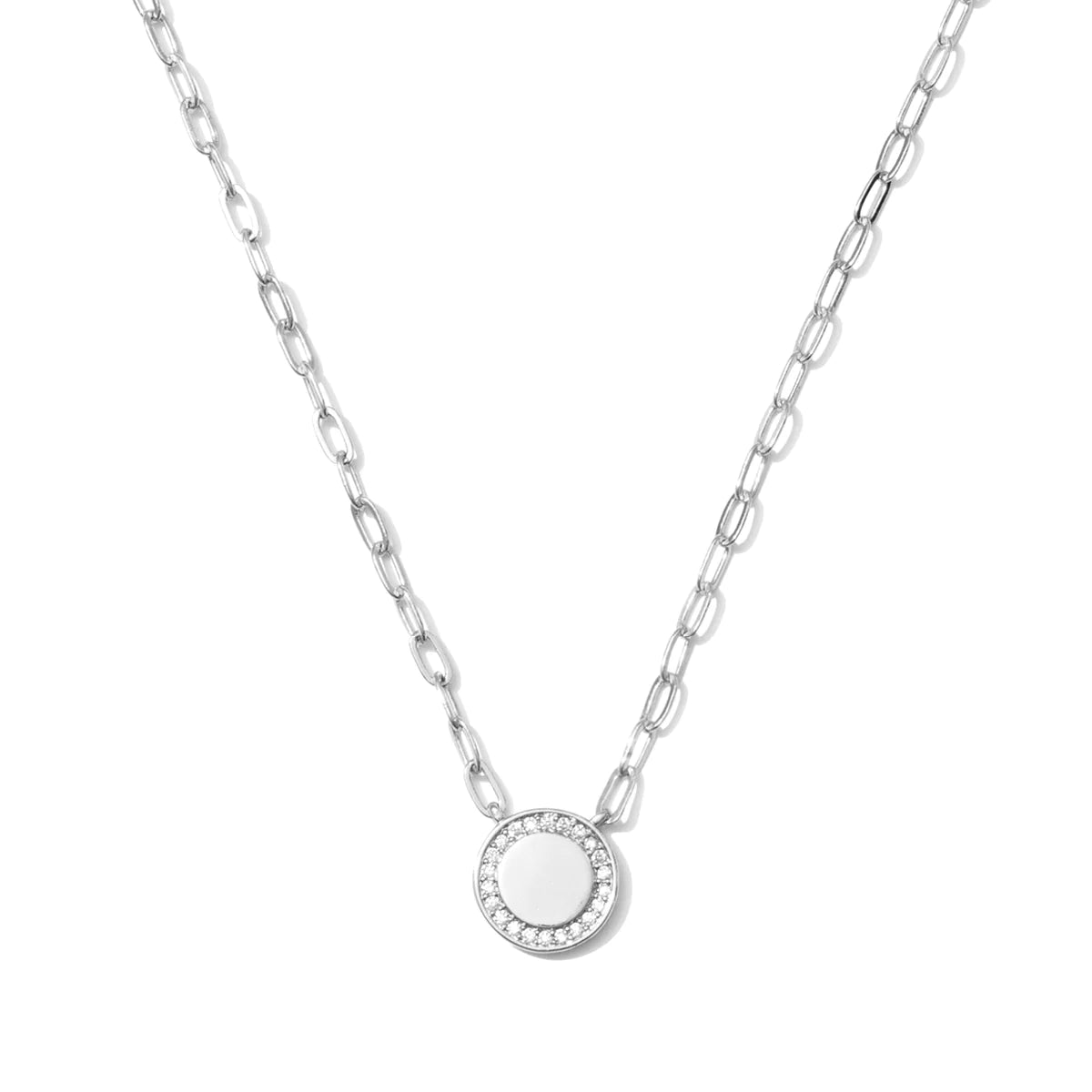 Pave Accented Disc Link Chain Necklace Silver