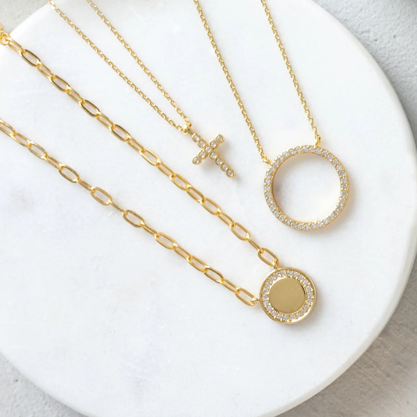 Pave Accented Disc Link Chain Necklace Gold