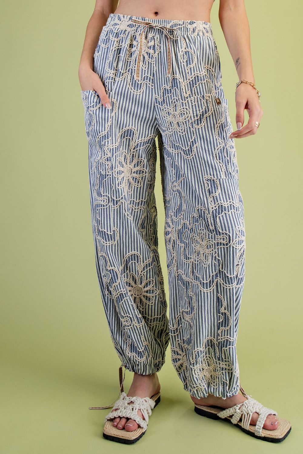 Free To Be Embroidered Striped Woven Pants Denim Blue