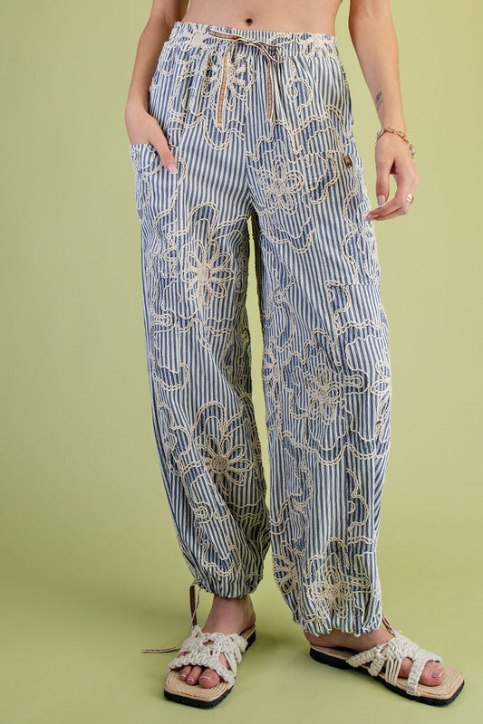 Free To Be Embroidered Striped Woven Pants Denim Blue