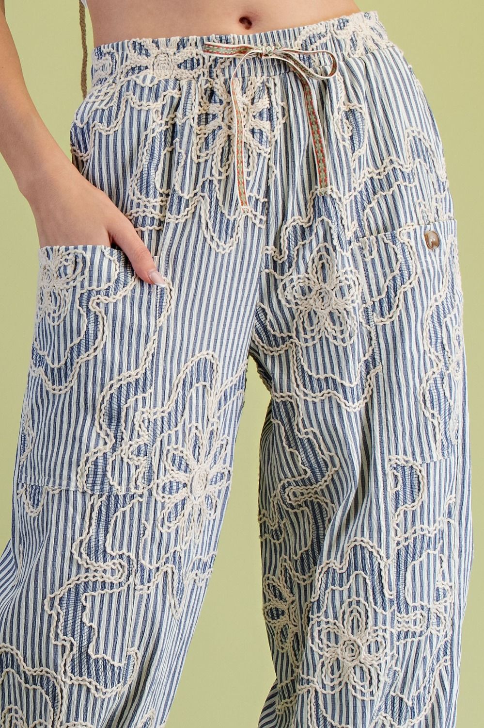 Free To Be Embroidered Striped Woven Pants Denim Blue