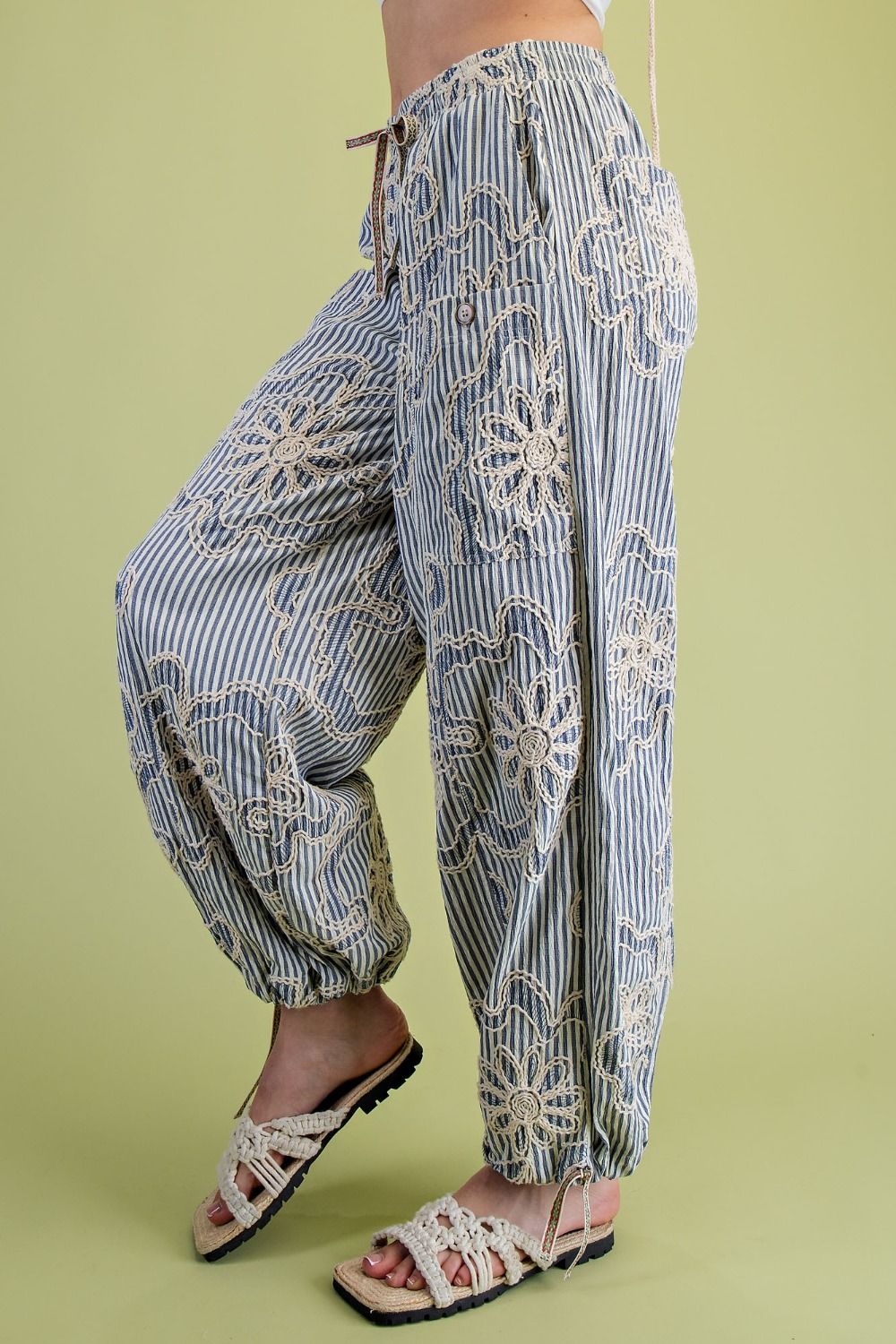 Free To Be Embroidered Striped Woven Pants Denim Blue