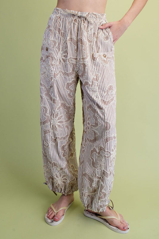 Free To Be Embroidered Striped Woven Pants Mocha