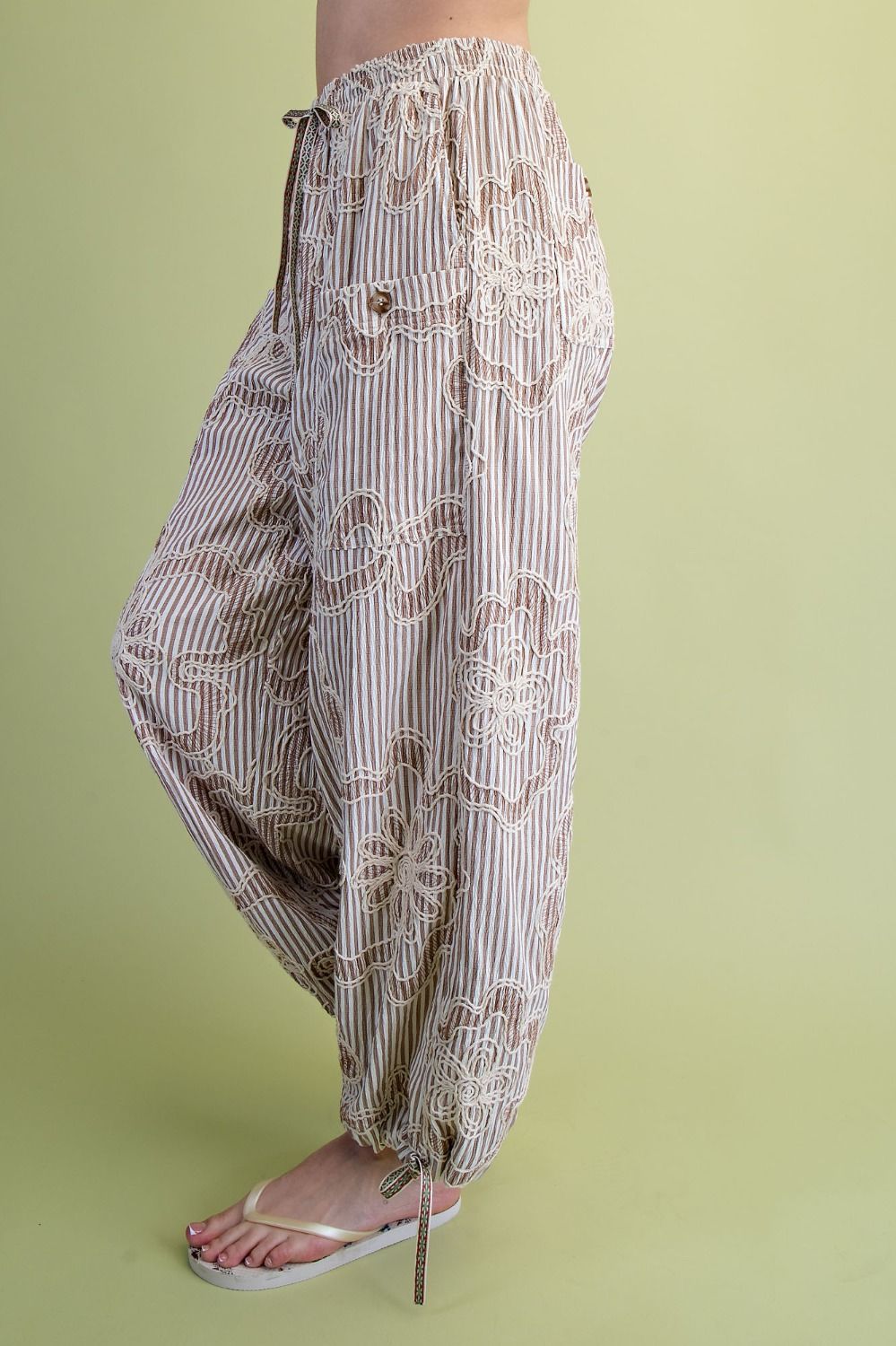 Free To Be Embroidered Striped Woven Pants Mocha