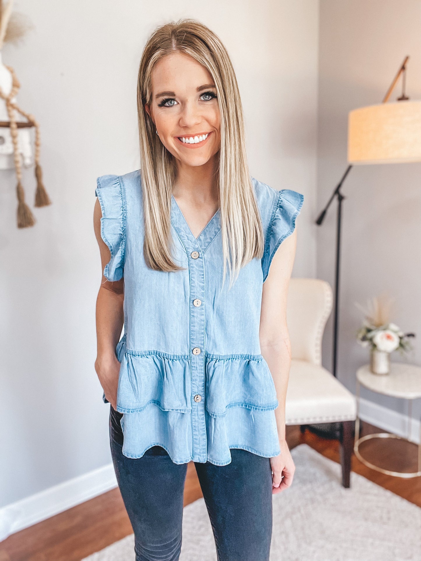The Hayden Ruffle Detail Chambray Top Extended