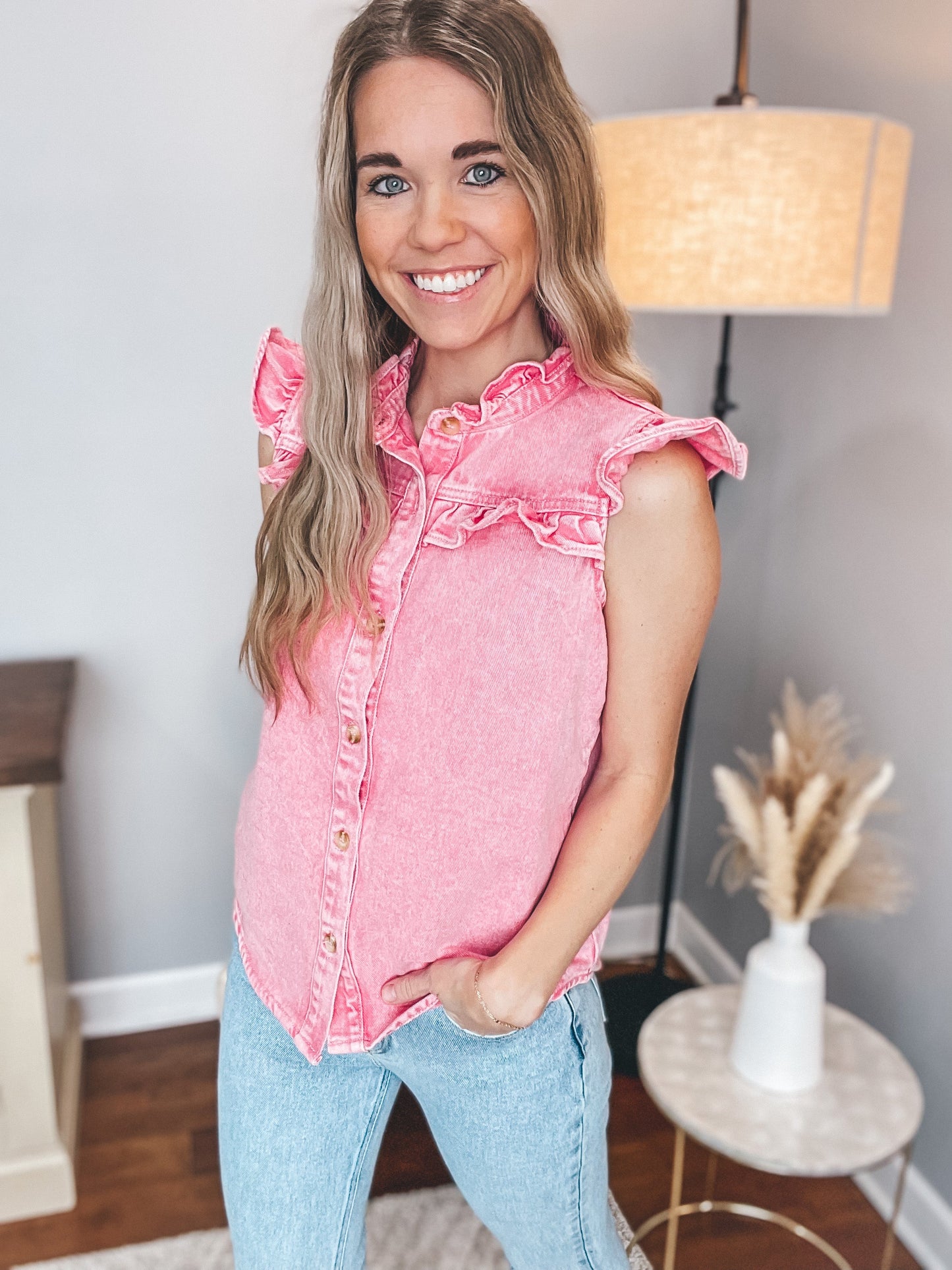 For The Frill Of It Denim Top Pink Extended