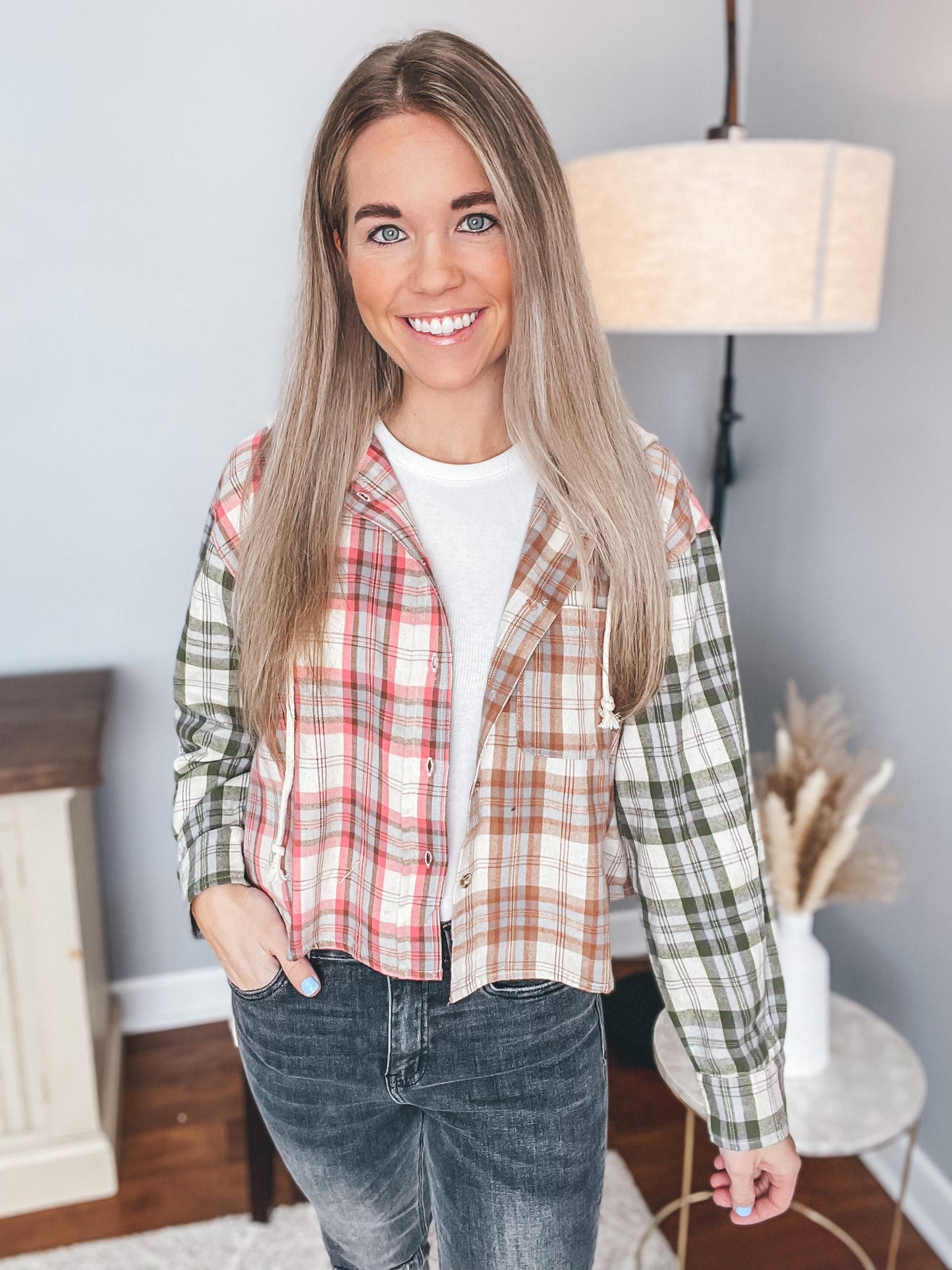 Be A Light Mixed Plaid Button Up Top Large