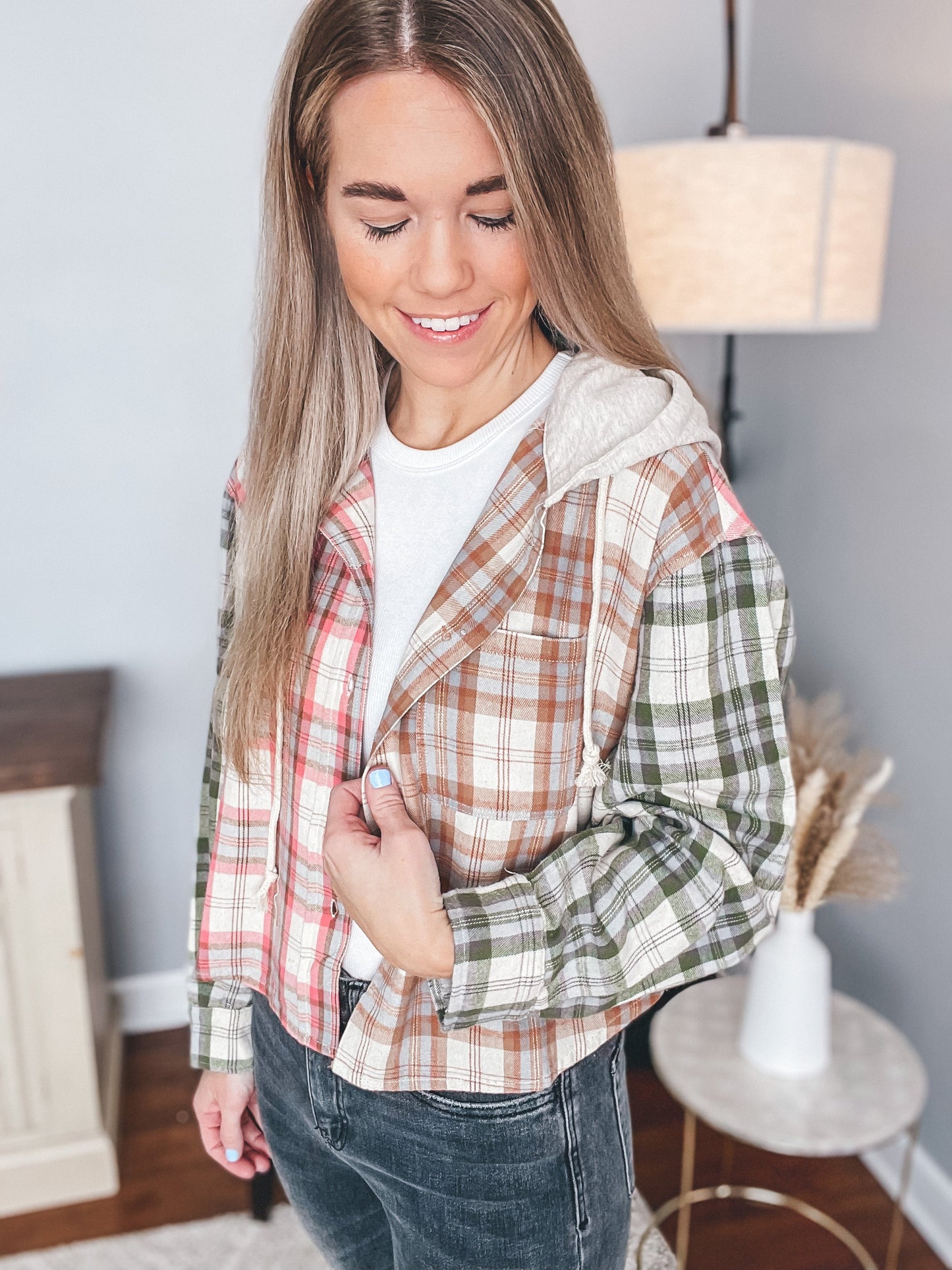 Be A Light Mixed Plaid Button Up Top Large