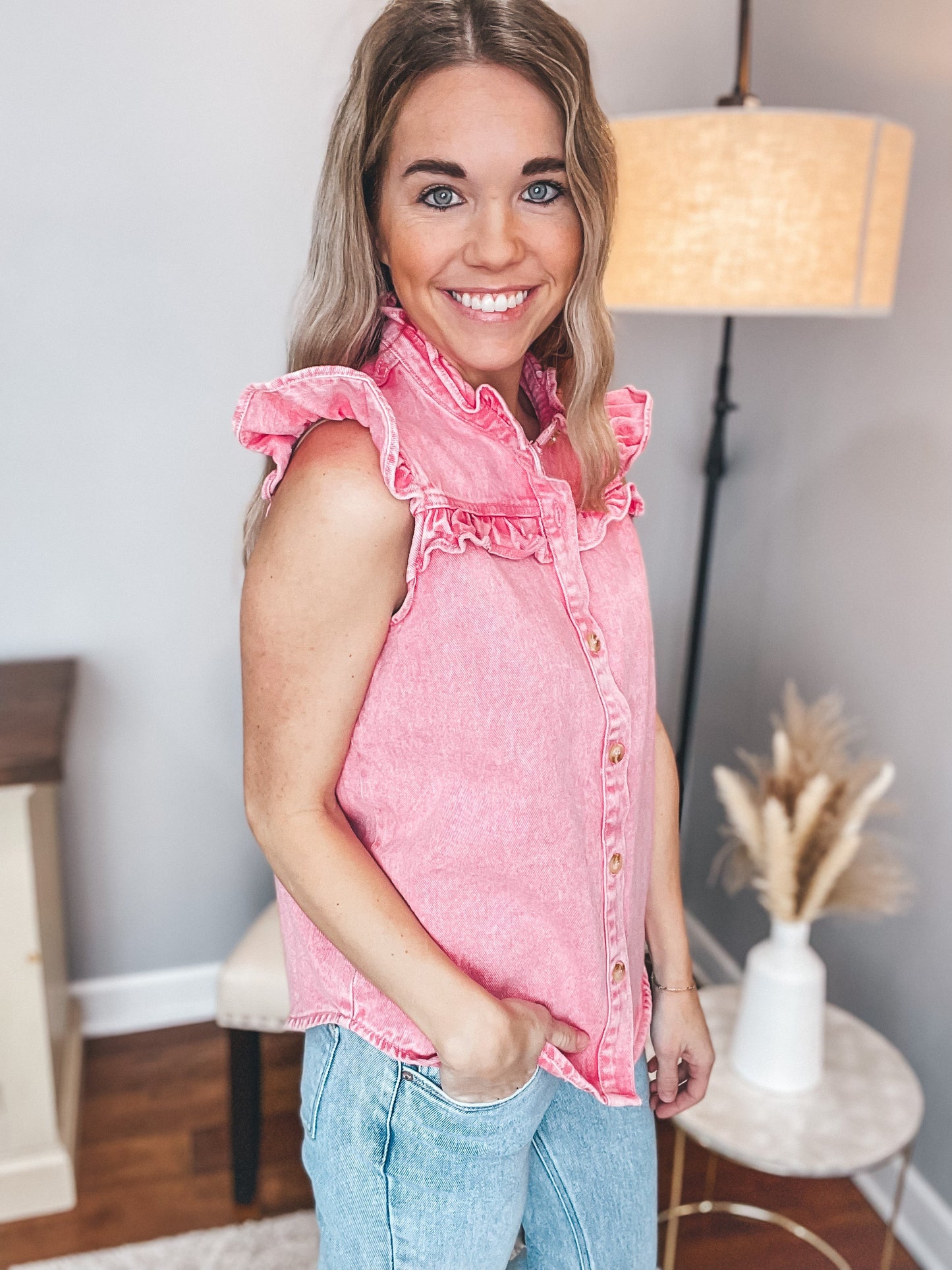 For The Frill Of It Denim Top Pink Extended
