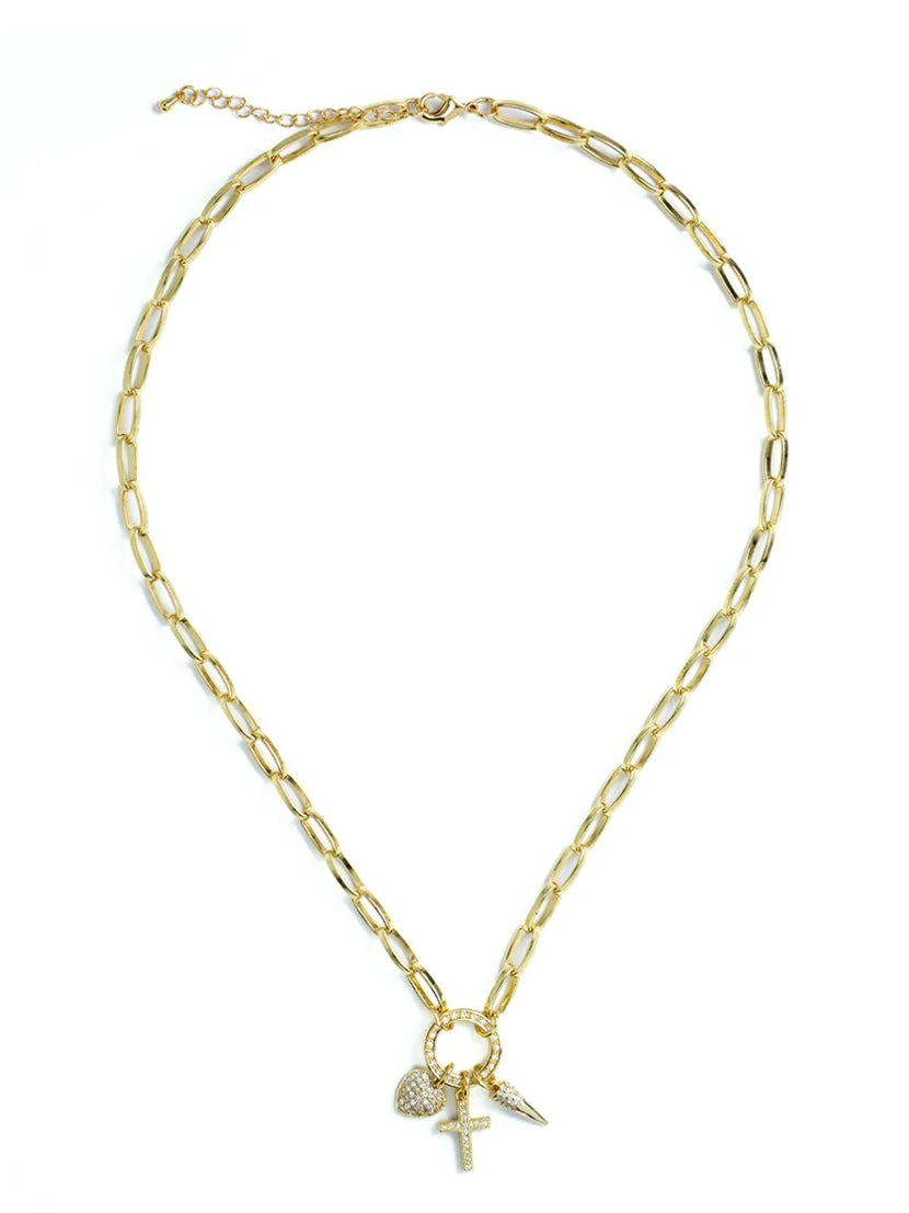 Cross Heart Point Statement Necklace Gold